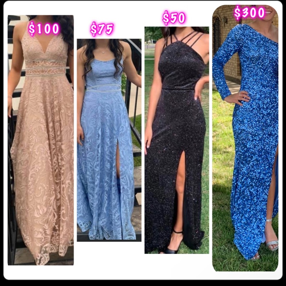 (Far right dress). Sparkles blue prom dress